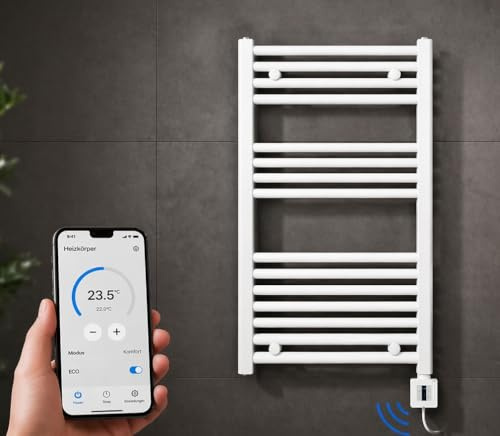anapont elektrischer Badheizkörper - weiß/chrom- mit Appsteuerung - Handtuchheizkörper - Badheizung elektrisch - Handtuchheizung - Made in Germany(775h x 750b, weiss/gebogen)