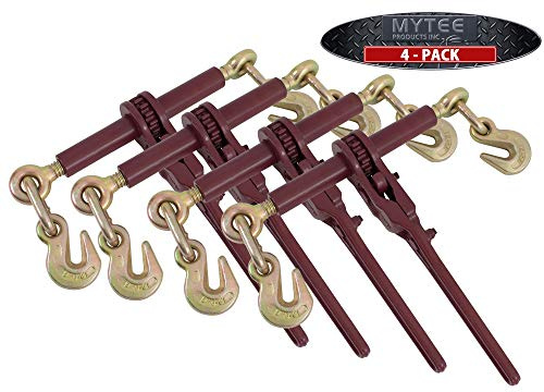 Mytee Products 4 Pack 5/16 - 3/8 Extreme Heavy Duty Ratchet Load Chain Binder with Grab Hooks - 7,100 Lbs Working Load Limit - Flatbed Transport Truck Trailer Tie Down Hauling