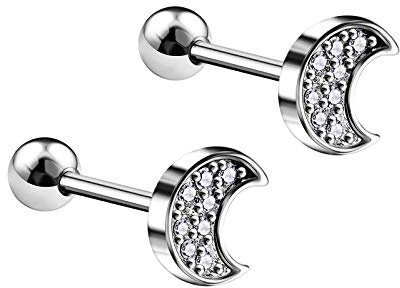 KJM FASHION 2 Stk Stahl Barbell Ohr 1,2mm 16g 6mm 1/4 Halbmond mit Mikroeinstellung klar CZ Cartilage Helix Tragus 4mm Kugel Ohrringe Piercing Schmuck 5697
