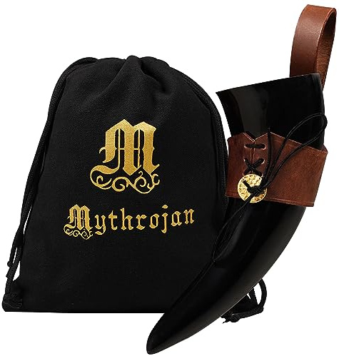 Mythrojan Viking Drinking Horn with Leather Holder Authentic Handmade Beer Mug Medieval Inspired Viking Wine Mead Mug Unique Genuine Ox Horn for Men and Women - Brown, 250 ML