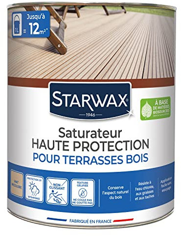 STARWAX - Saturateur Haute Protection - Pour Terrasses et Bois Extérieurs Incolore - Protège et Nourrit en Profondeur - Empêche le Dessèchement - Fabriqué en France - 1L - 10 à 12m²