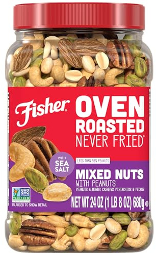 Fisher Oven Roasted Never Fried Mixed Nuts with Peanuts, 24 Ounces (Pack of 1), Peanuts, Almonds, Cashews, Pistachios, Pecans, Trail Mix, Healthy Snacks for Adults, Made With Sea Salt, No Added Oils