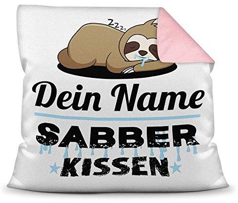 Print Royal Kissen inkl. Füllung Faultier PERSONALISIERT mit Wunschname für Ihn - Sein Name Sabberkissen - Kuschelkissen/Lustige Geschenkidee für Männer/Freund/Geburtstag - Farbkissen Rückseite Rosa