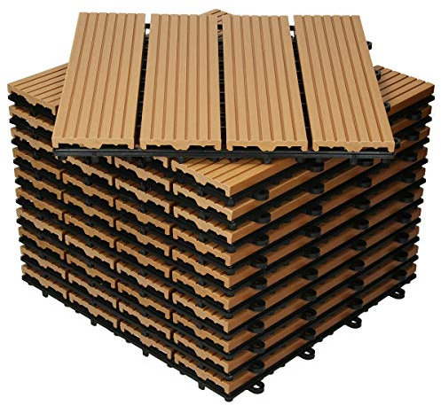 ECD Germany WPC Terrassenfliesen 30x30 cm/11 Fliesen=1m², Teak, geriffelt, Holzoptik, Bodenbelag mit Klicksystem und Drainage, Terrassendielen Balkonfliesen, Klickfliesen für Terrasse Garten Balkon