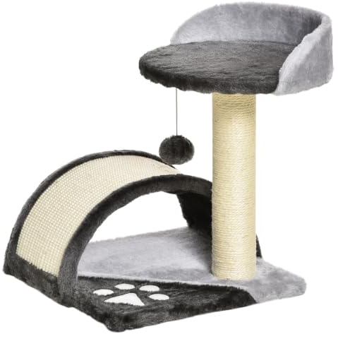 PawHut Kratzbaum 46 cm Kleiner Katzenturm mit Höhle, Spielball Dunkelgrau | Sisal-Seil, Erhöhte Plattform, Katzenkratzbaum, Klein Kletterbaum, für Katzen bis zu 4 kg
