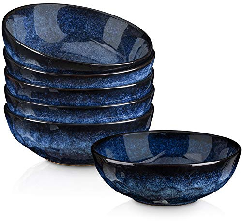 vicrays Ceramic Salad Bowls Set for Kitchen, Serving - 32 Ounce Soup Bowls, Pasta Bowls, Chip Resistant, Dishwasher Microwave Safe, Large, Fluted, stoneware, Set of 6 (Blue)