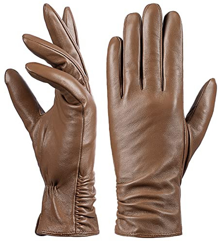 Damen Winter-Lederhandschuhe mit Touchscreen Text, warmes Lammfell, 100% reines echtes Leder (Orange, L)