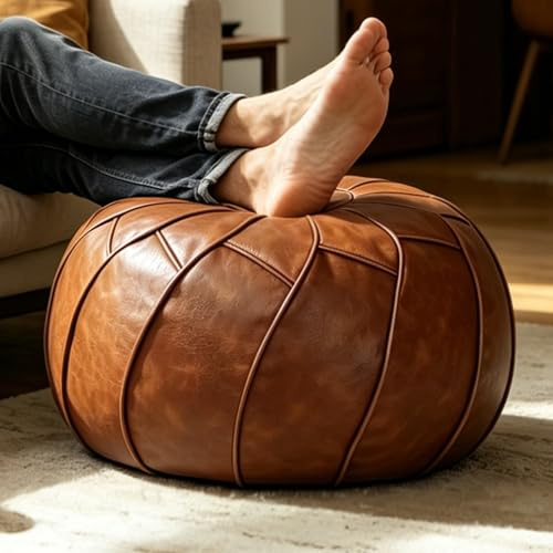 Thgonwid Round Unstuffed Pouf Cover, Leather Foot Stool Ottoman with Storage, Bean Bag Floor Chair, Multi Functional Footrest for Living Room, Bedroom or Balcony (Brown)
