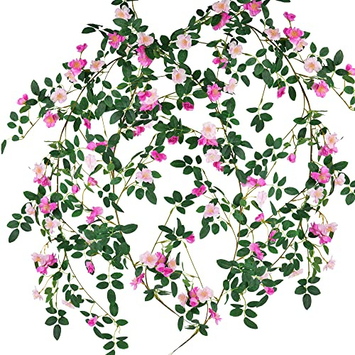 FiveSeasonStuff Fuchsia Pink Wild Rose Vine Garland, Two Faux Silk Floral Garlands with Greenery, Bendable Decorative Vines 12 ft Total