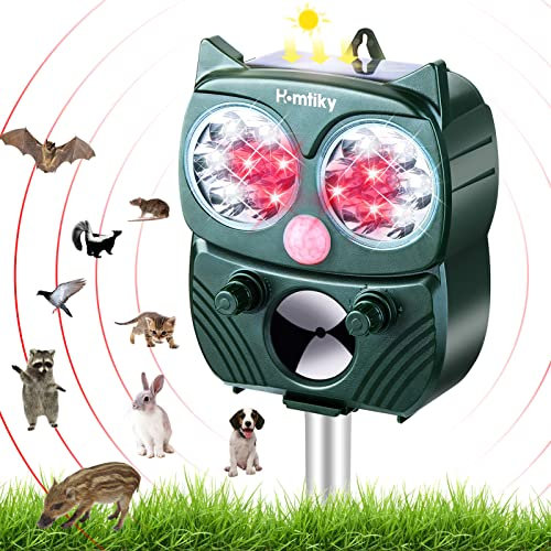 Homtiky Repellente Gatti ad Ultrasuoni, Dissuasori per Animali Energia Solare 5 Modalità Regolabilie e Impermeabile IP66, Luce LED lampeggiante e Suono che Saccia Gatti Topi Cani da Esterno (Verde)