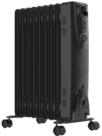 MYLEK Oil Filled Heater Radiators 2000W, Electric Portable Black Heaters, Adjustable Thermostat, 3 Heat Settings, Energy Efficient, Safety Tip Over Protection (2KW Black)