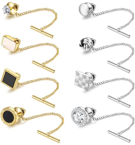 Diamday 8 Pezzi Spille per Cravatte da Uomo 14K Oro Placcato Fermacravatta con Catena Cravatte Necktie Regolare Spille per Cravatta per Matrimonio Affari Anniversario Argento Oro