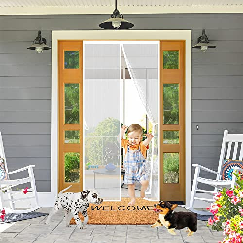 Magnétique Moustiquaire Porte Automatique Rideau, 215 x 185 cm Moustiquaire à Fermeture Aimantée, Kit d'Installation Complet, Punaises et Bande Adhésive Inclus【Blanc】