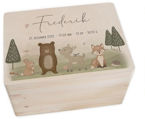 hellomini Personalisierte Erinnerungsbox Baby - Erinnerungskiste mit Namen aus Holz - Geschenk zur Geburt für Mädchen & Jungen - Babygeschenke (Wald, L: 40x30x23cm)