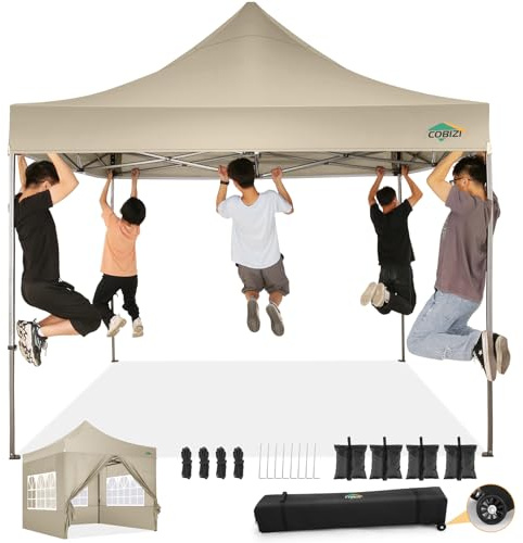 COBIZI pavillon 3x3 wasserdicht stabil Winterfest, faltpavillon Outdoor faltbar partyzelt，pop up pavillon klappbar gartenpavillon mit 4 Seitenteilen und Laufradtasche, Khaki（420D Oxford-Plane）