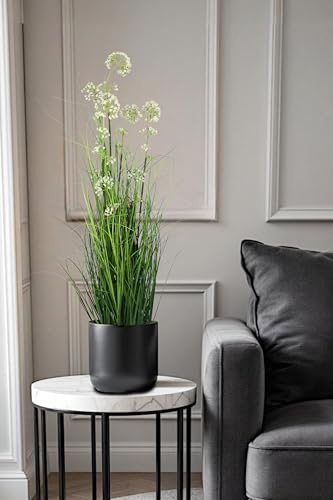Arnusa Künstliches Gras 90 cm hoch mit weißen Blüten Kunstgras Dekogras Kunstpflanze künstliche Pflanze im Topf