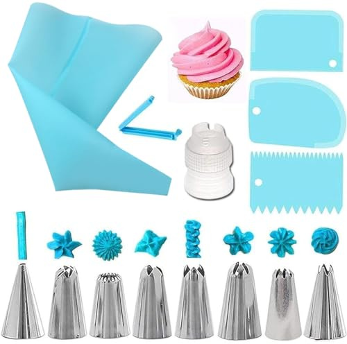 Spritztüllen Silikon Spritzbeutel Set,14 Stücke Professionelles Spritztüllen Set:Edelstahl Spritztüllen, Kuchen Schaber,Wiederverwendbaren Silikon Spritzbeutel und Düsenkonverter