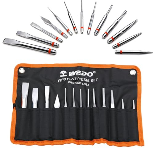 WEDO 13PCS Punch and Chisel Set,Include Center Punch 4mm,5mm,Pin Punch 2 to 8mm,Cape Punch 5 * 130mm,Flat Chisel 12,15,18mm,Tapet Punch 3 * 120mm,CR-V Steel,Used for Versatile Applications