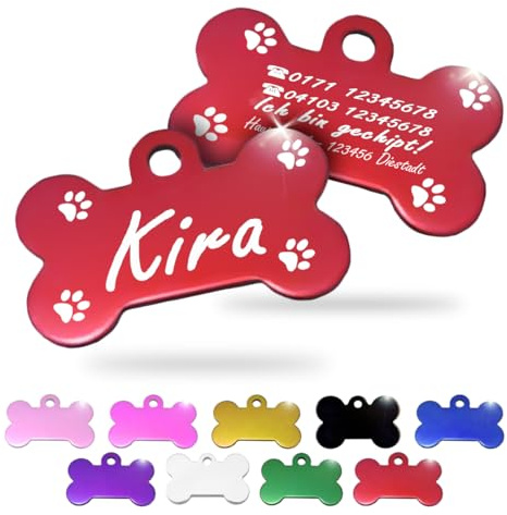 Ibera gifts - Hundemarke mit Gravur und personalisierte Hundemarke in Knochenform für mittelgroße bis große Hunde und Katzen (Rot, Pfoten)