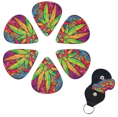 MultiColor Leaf Weed Art Gitarrenplektren, 6 Stück, 3 verschiedene Stärken, Zelluloid-Gitarrenplektren mit Gitarrenplektrumhalter, personalisiertes Gitarrenplektrum für Akustikgitarre, E-Gitarre,