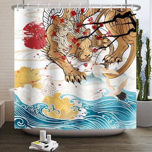SDOTPMT 180x243cm Giapponese Tende Doccia Giappone Oceano Fuji Montagna Rosso Sole Ciliegio Fiori Bianco Crane Asiatico Giapponese Tradizionale Ukiyo-e Art Tende da bagno con ganci