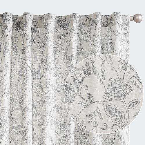 TOPICK Floral Gardinen Leinenoptik Vorhänge 2er Set H145xB140 Grau Beige | Lichtdurchlässig Gardinen Wohnzimmer boho landhausstil blickdicht Vorhänge Schlafzimmer mit Tunnel und verdeckten schlaufen