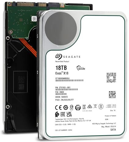 Seagate EXOS X18 18TB ST18000NM000J Interne Server Festplatte, 3,5 Zoll HDD SATA 6GB/S 7200RPM 256MB 24X7 Verfügbarkeit (Generalüberholt)