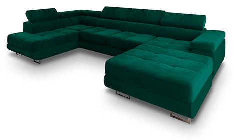 Masseno Ecksofa CASONE L-S mit Schlaffunktion U-Form, Sofa mit Bettkasten, Wohnzimmersofa, Couch, Soffa, Bettsofa, Couchgarnitur- Grün, Monolith 37