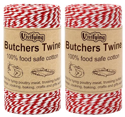 Vivifying Red and White Butchers Twine, 2pcs x 100 m 2mm Food Safe Cotton Cooking Twine, Ideal for Trussing Turkey, Roasting, Bacon, Pumpkin Bread, Festive Holiday Kitchen Use & Gift Wrapping