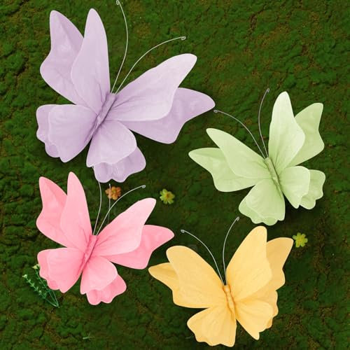 SUNBEAUTY 4 Stück 3D Schmetterling Deko mit Clip Papier Schmetterlinge Deko Bunt Fliegende Schmetterlinge für Gartenparty Deko kindergeburtstag Deko Tischdekoration Innen Frühling Deko Tischdekoration