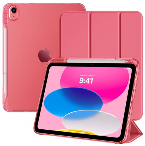 TiMOVO Case for iPad A16 11th Generation 2025 11 Inch/iPad 10th Generation 2022 10.9 Inch with Pencil Holder, Slim Stand Cover with Translucent Back, Support Touch ID, Auto Wake/Sleep, Watermelon Pink