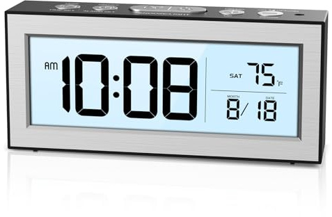 ORIA Digital Wecker, LCD Display Tischuhr mit 5 Alarmmodi, Temperatur, Kalender, Snooze, Automatische Helligkeitsanpassung, Batteriebetrieben Wecker, für Schlafzimmer, Büro
