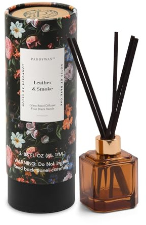Paddywax Botanica Scented Oil Diffuser with Reeds in Reusable Amber Glass Bottle, Tubed Gift Box, Includes Diffuser Sticks, Long-Lasting Fragrance, Reusable & Upcyclable, Leather & Smoke, 2.8 fl oz