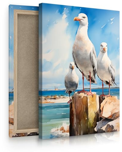 Muralo Wandbilder Möwen, Meereshintergrund, Aufhängefertig - 60x90 cm | Leinwandbild, Modernes Design, UV-beständig - ideal für Wohnzimmer, Schlafzimmer und Büro, Urlaubsfeeling für jeden Tag