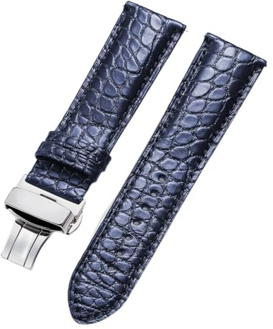 BINLUN Bracelet Montre en Cuir Gaufrage Crocodile Véritable Bracelet en Motif Alligator Pelle pour Homme Femme 18 19 20 21 22mm,Bleu-Déployante- Argenté,20mm