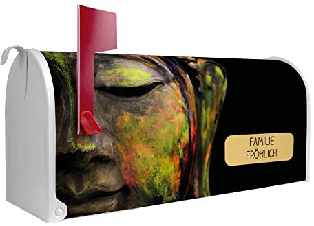 banjado® Amerikanischer Briefkasten - US Mailbox/Letterbox mit Motiv Bunter Buddha 51x22x17cm - Postkasten Stahl aus Amerika – Briefkasten amerikanisch weiß pulverbeschichtet