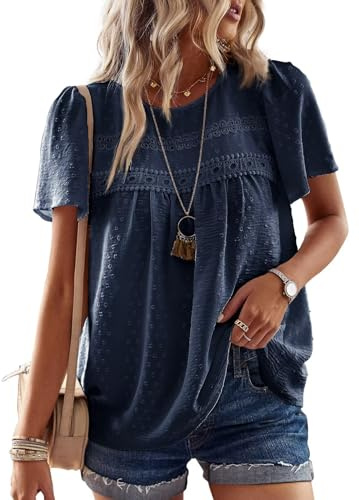 TUUHAW topp damer sommar boho blus kortärmade toppar flödande elegant rund hals t-shirt tunika lediga kläder spetskläder, Mörkblå, XXL