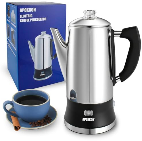 APOXCON Edelstahl Kaffeekanne Elektrisch, mit sichtbarem Brühknopf, cordless Servieren, aluminiumfrei,12 Tassen