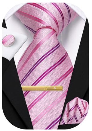 Hi-Tie Men's Silk Ties Pink Striped Woven Necktie Pocket Square Cufflinks Clip Set for Wedding Business