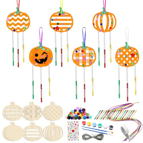 MOAZIFI Kürbisse zum Bemalen Set 44 Stück DIY Windspiel mit Holzplatten und Farben Ideal für Kürbis zum Bemalen und Kürbis Bemalen mit Kindern als Herbstdeko und Halloween Dekoration