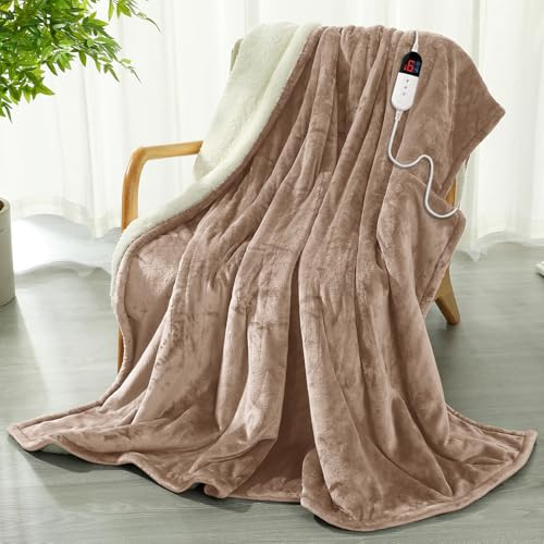 COZYTY Heizdecke mit Abschaltautomatik 130x180cm, Maschinenwaschbar, Beige | Sherpa & Flanell Elektrische Wärmedecke, 6 Heizstufen &10-Std. Abschalt-Timer, Überhitzungsschutz, CE Certified