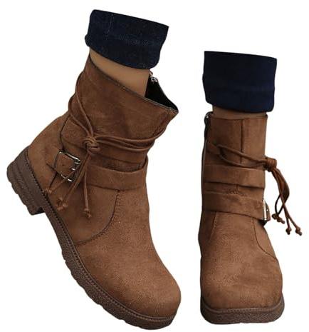 2025 stivaletti da donna e inverno in pelle faccia tinta unita con cerniera laterale stivaletti caldi casual temperamento fibbia stivali, caffè, 39 EU