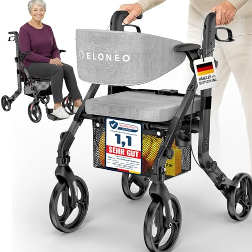 ELONEO Silla de Ruedas y Andador 2 en 1 plegable y ligero con asiento, Andador todoterreno convertible en silla de ruedas, Ayuda de movilidad de aluminio, Silla de transporte, negro