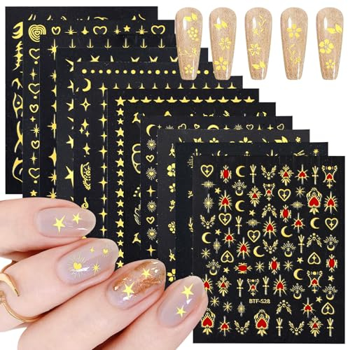 12 Blatt Gold Mond Stern Nagelsticker,Selbstklebend Nagelaufkleber,Nail Art Sticker Mehrere Motive,Nail Sticker,Nageldesign Zubehör für Nageldesign