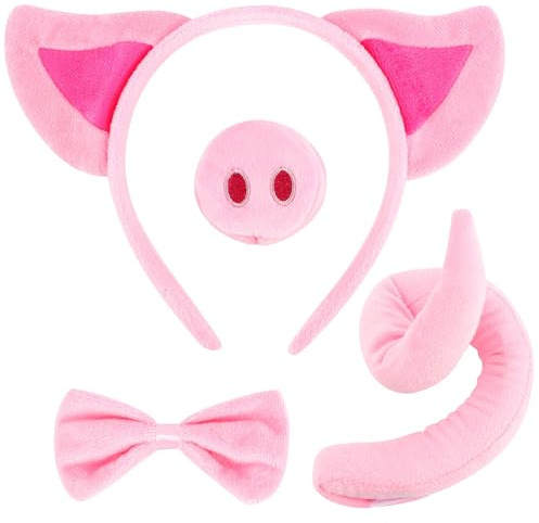 MZinge 4-teiliges rosa Schweine-Kostüm-Set: Ohren, Nase, Fliege und Schwanz für Halloween, Tier-Kostümparty und Kostümpartys