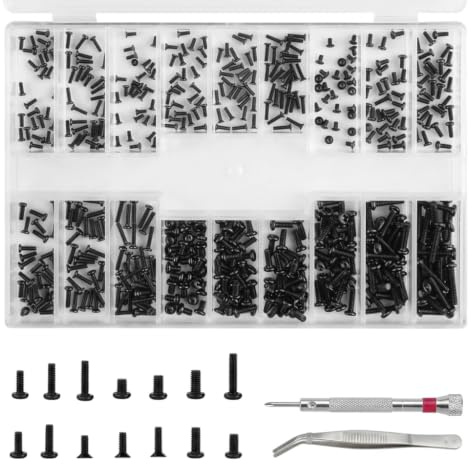 500 Pcs Micro Glasses Screws Repair Kit M1.2 M1.4 M2 with Tweezers, Tiny Mini Screw Assortment with Screwdriver for Eyeglasses, Watches, Laptop, Mobile Phone, Clock and Electronics Repair (Black)