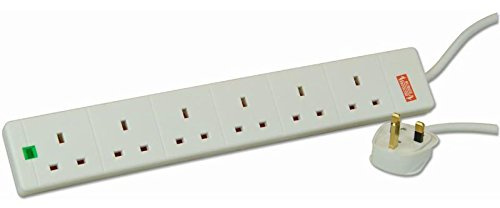 Ex-Pro 6 Gang Way 1m Metre 13A Mains Power Extension Socket Lead Cable Surge Protected White