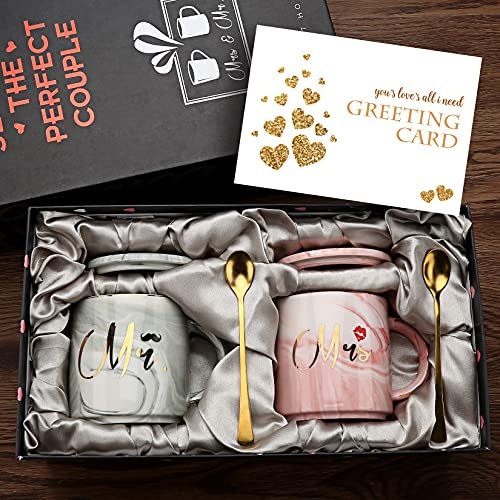 Exreizst-Tazzine da caffè per la sposa e lo sposo con la scritta Mr and Mrs (non garantito in italiano), coppie di sposi, fidanzamenti, regali di anniversario, 340ml marmo ceramica (tondo)
