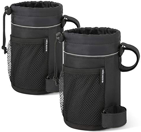 MIZATTO Bike Cup Holder - 2 Pack Water Bottle for Universal Holders Bike, Boat, UTV/ATV, Scooter, Wheelchair etc Cage with Net Pocket and Cord Lock (Black)
