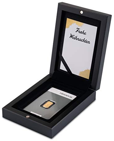 Goldbarren 1g Heraeus im edlen Geschenk-Etui mit Grußkarte - Schwarz - Feingold 999,9 (1g Gold Weihnachten)